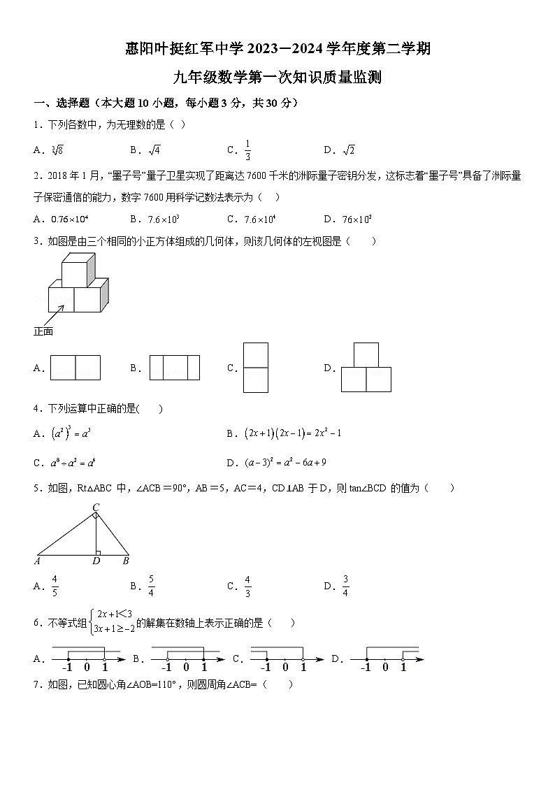广东省惠州市惠阳区叶挺红军中学2023-2024学年九年级下册第一次月考数学试题（含解析）第1页