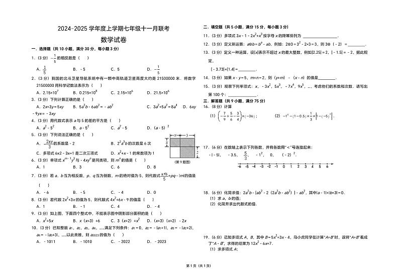 2024-2025学年度上学期七年级11月联考数学试卷第1页