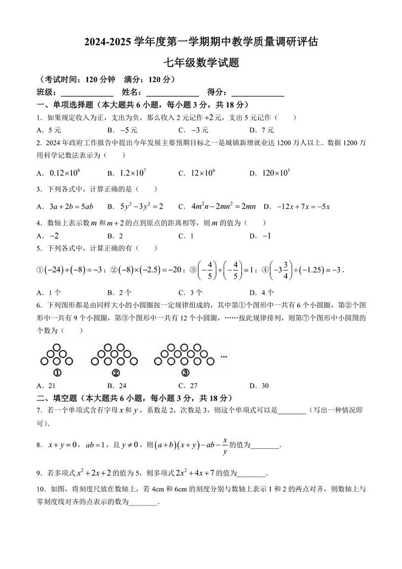 广东省湛江市徐闻县多校2024～2025学年七年级(上)期中数学测试卷(含答案)第1页