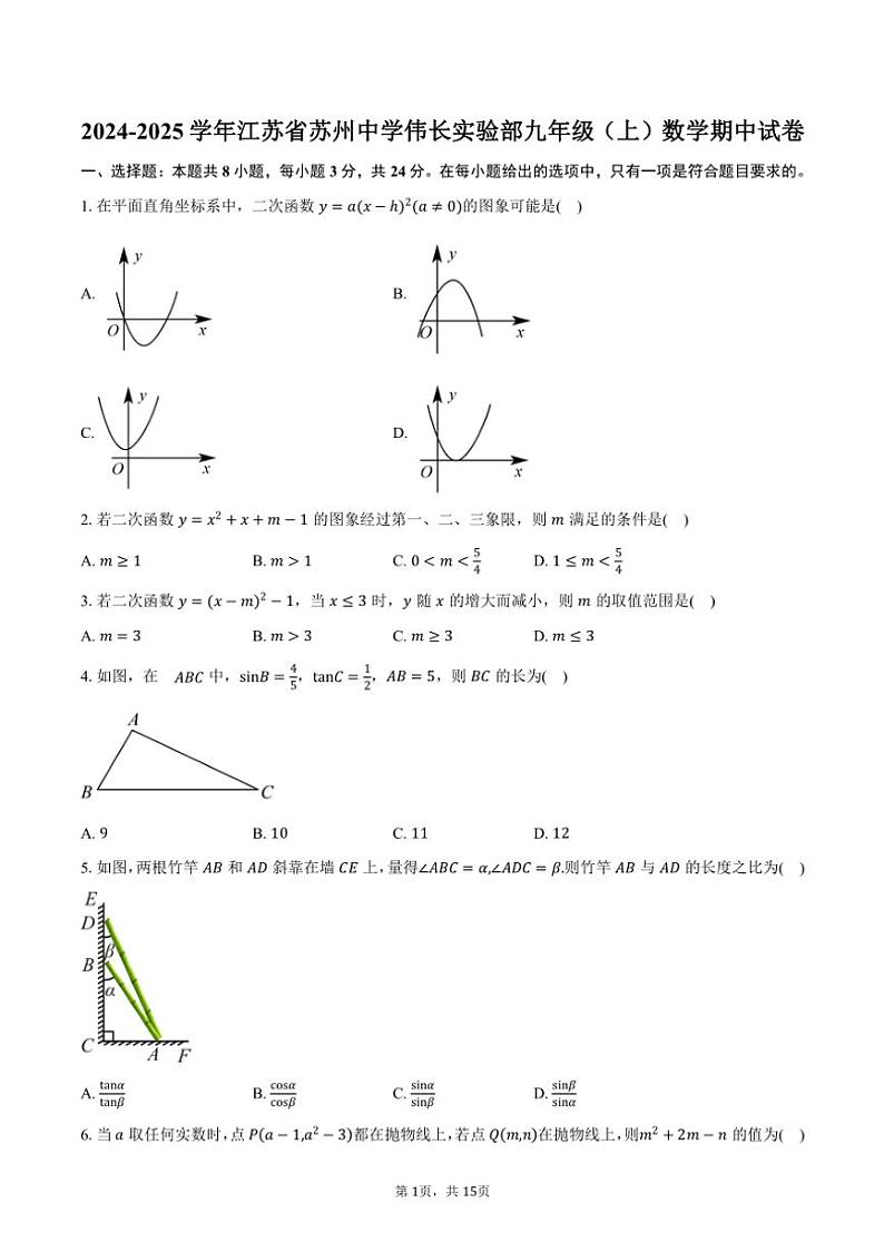 2024～2025学年江苏省苏州中学伟长实验部九年级(上)数学期中试卷(含答案)第1页