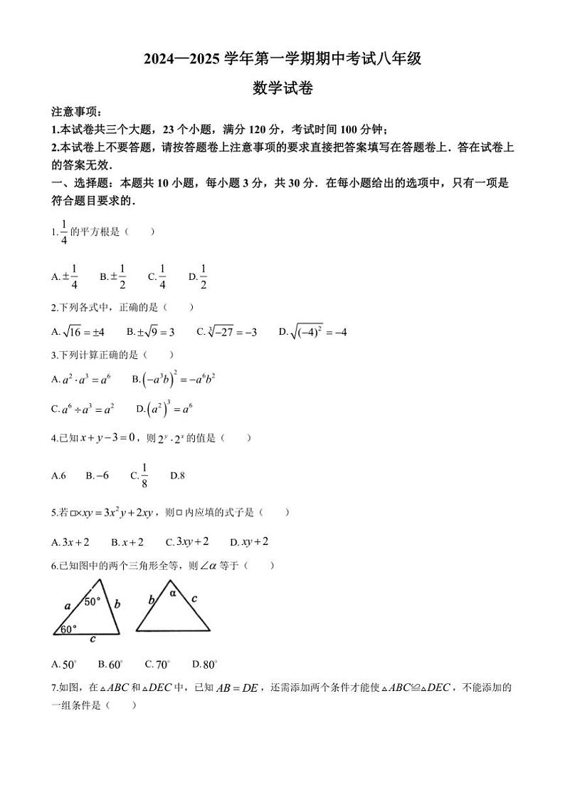河南省洛阳市嵩县2024～2025学年八年级(上)期中数学试卷(含答案)第1页