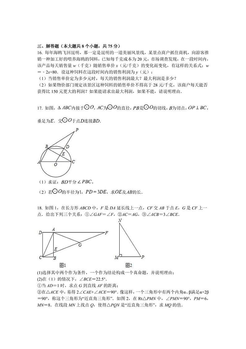 2024年信阳市息县一中九年级下学期中考一模数学试卷第3页