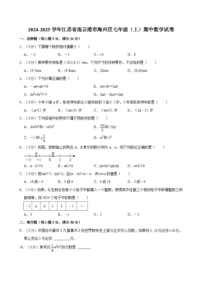 江苏省连云港市海州区2024-2025学年七年级上学期期中数学试卷第1页