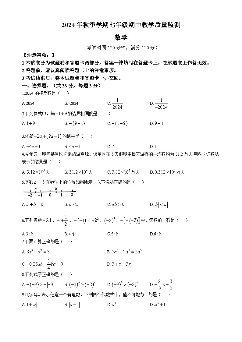 广西防城港市上思县2024—2025学年上学期七年级数学期中教学质量监测第1页