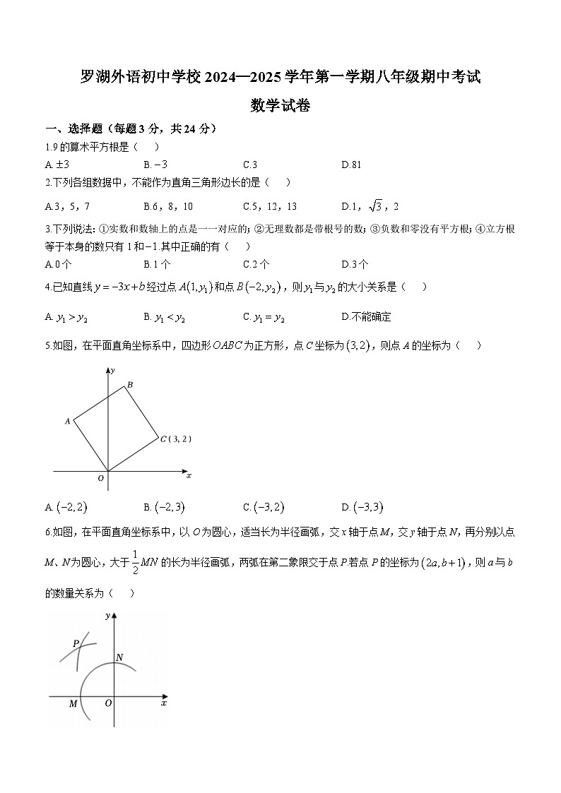 广东省深圳市罗湖外语初中学校2024-2025学年八年级上学期期中考试数学试题第1页