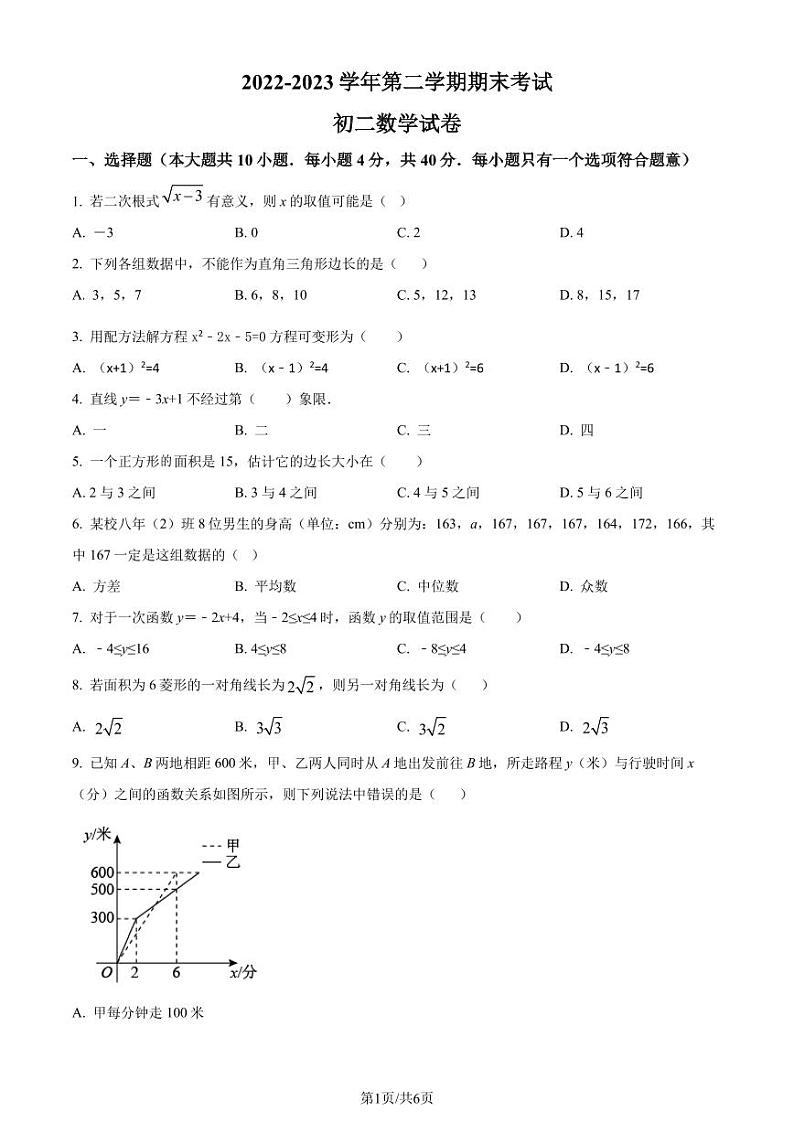 福建省厦门市湖滨中学2022-2023学年八年级下学期期末数学试题（原卷版+解析版）第1页