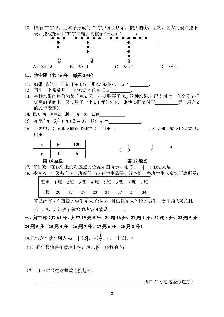 北京市陈经纶中学2024-2025学年七年级上学期期中数学考试试卷第2页
