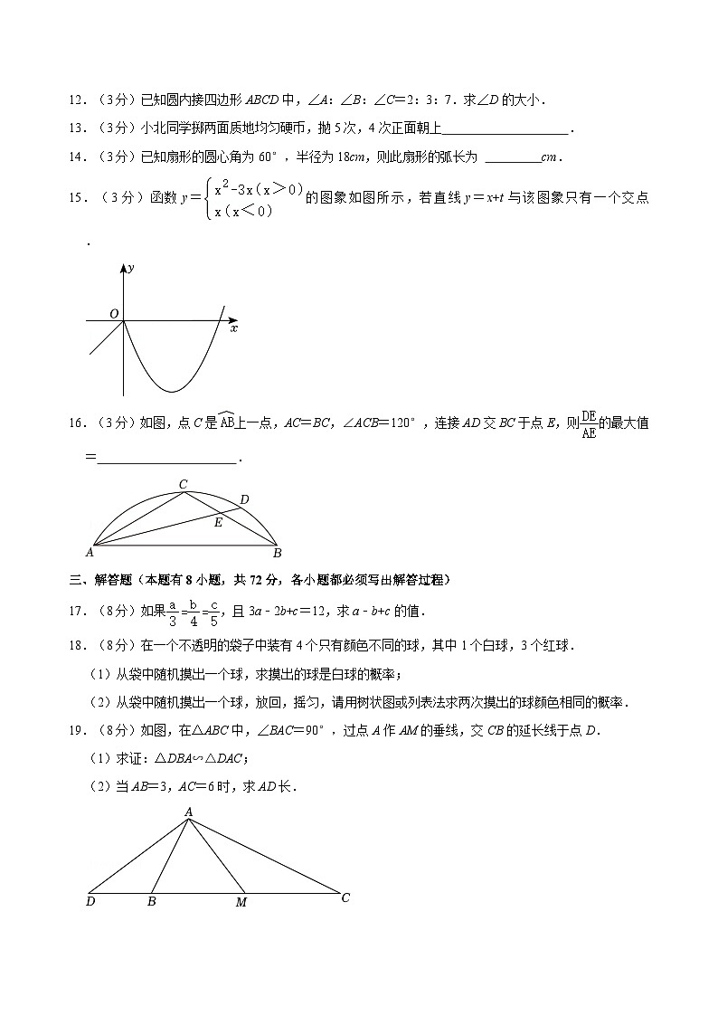 浙江省金华市金东区2024-2025学年九年级上学期期中考试数学试卷（含答案解析）03