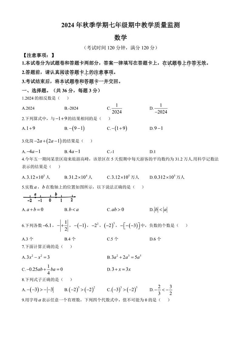 广西防城港市上思县2024—2025学年七年级(上)数学期中教学质量监测(含答案)第1页