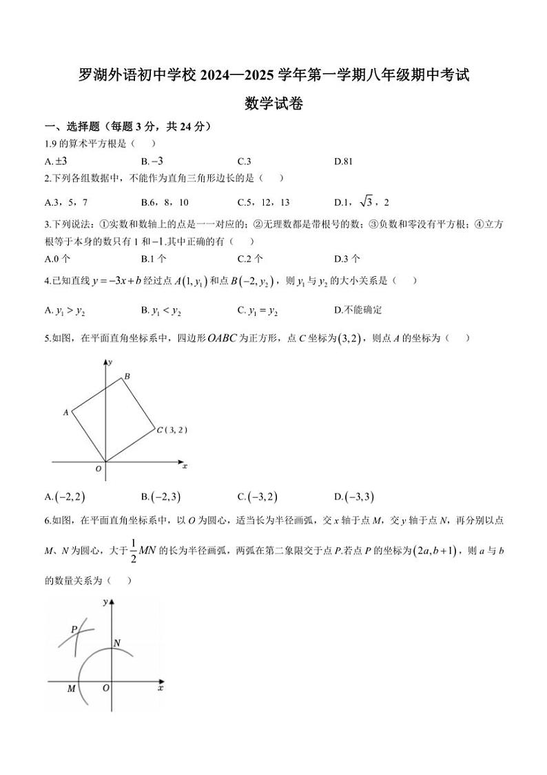 广东省深圳市罗湖外语初中学校2024～2025学年八年级(上)期中数学试卷(含详解)第1页