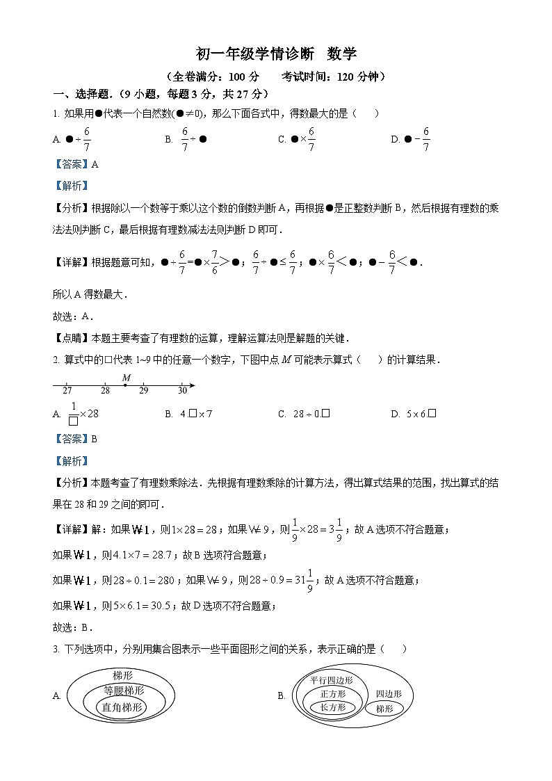 云南省云南师范大学实验中学2024-2025学年七年级上学期9月学情诊断数学试题（解析版）-A4第1页