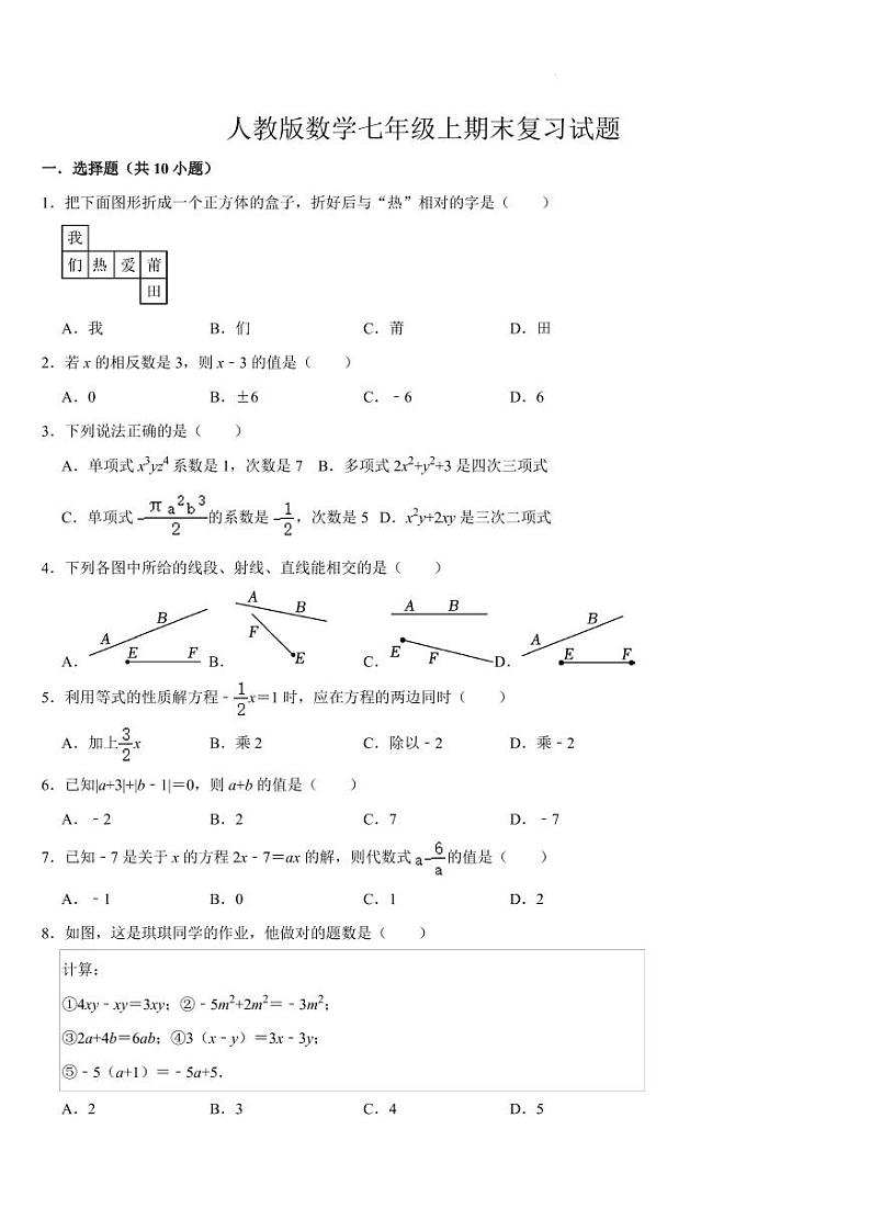 2024--2025学年七年级数学上册期末复习试题 人教版第1页