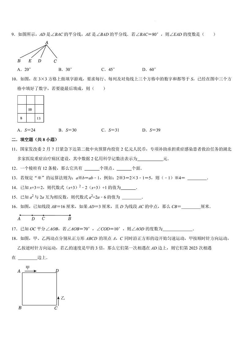 2024--2025学年七年级数学上册期末复习试题 人教版第2页