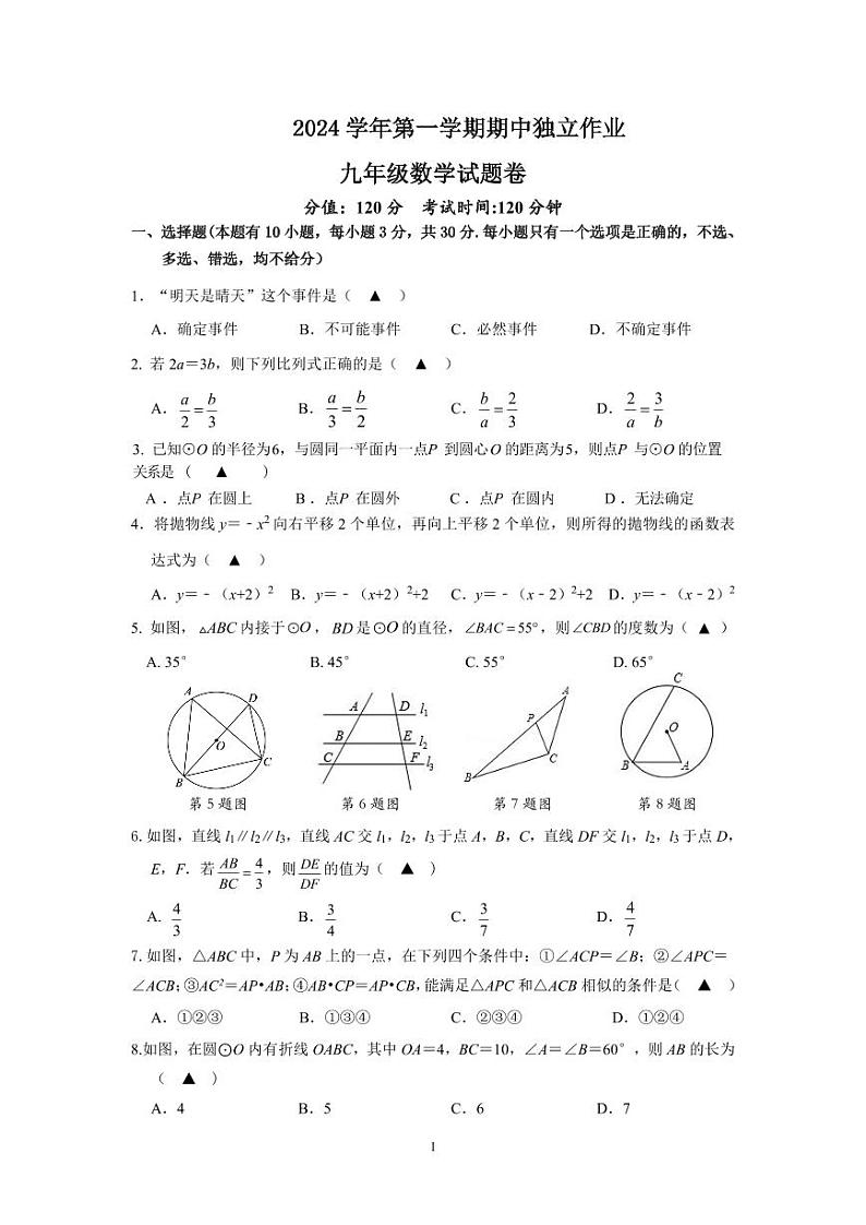 浙江省金华市金东区2024-2025学年九年级上学期期中考试数学试卷01