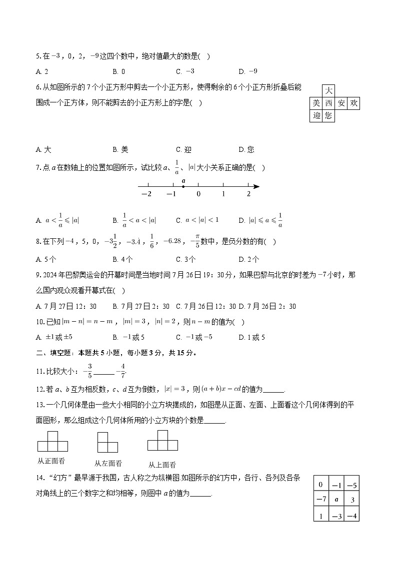 陕西省西安市碑林区西北工大附中2024-2025学年上学期七年级第一次月考数学试卷第2页