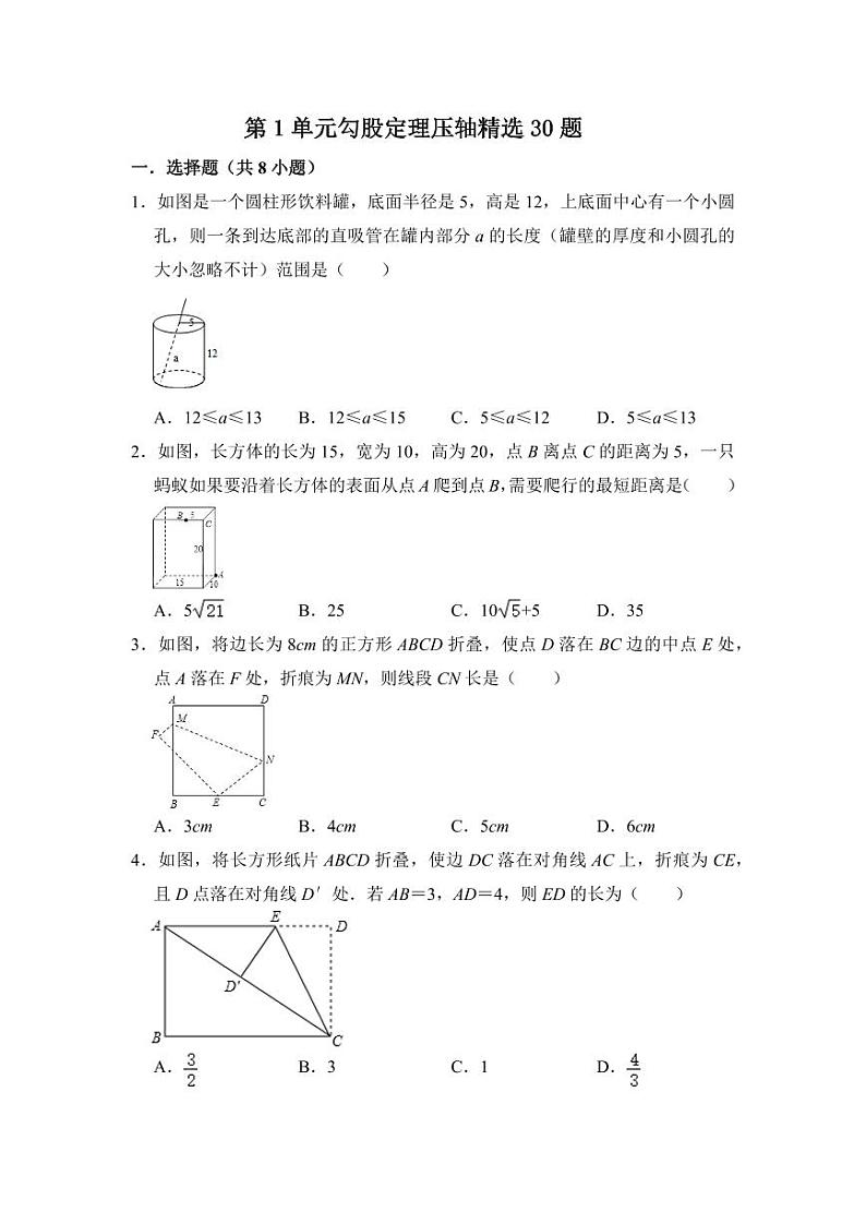 第一章 勾股定理（压轴精选30题）（原卷版）第1页