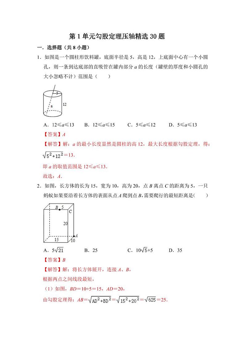 第一章 勾股定理（压轴精选30题）（解析版）第1页