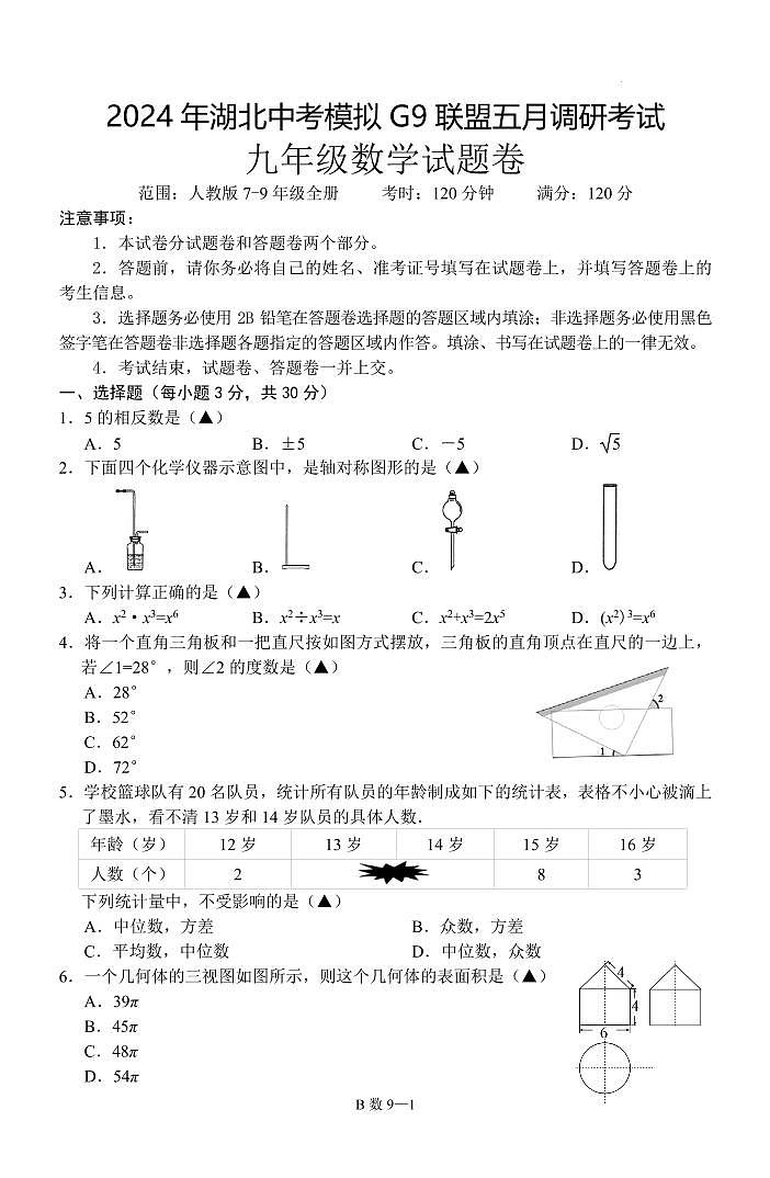 2024年湖北省中考模拟G9联盟五月调研考试数学试卷（含答案）第1页