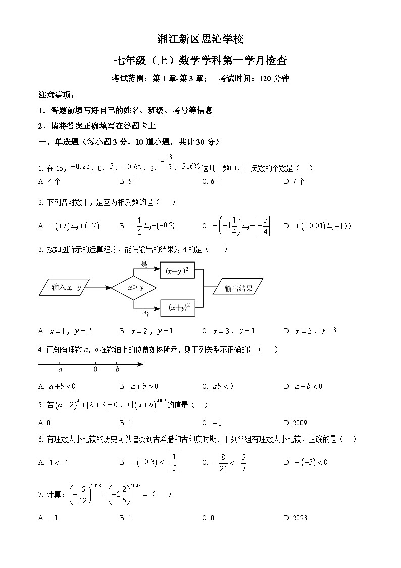 湖南省长沙市高新区思沁学校2024-2025学年七年级上学期第一次月考数学试卷（原卷版）-A4第1页