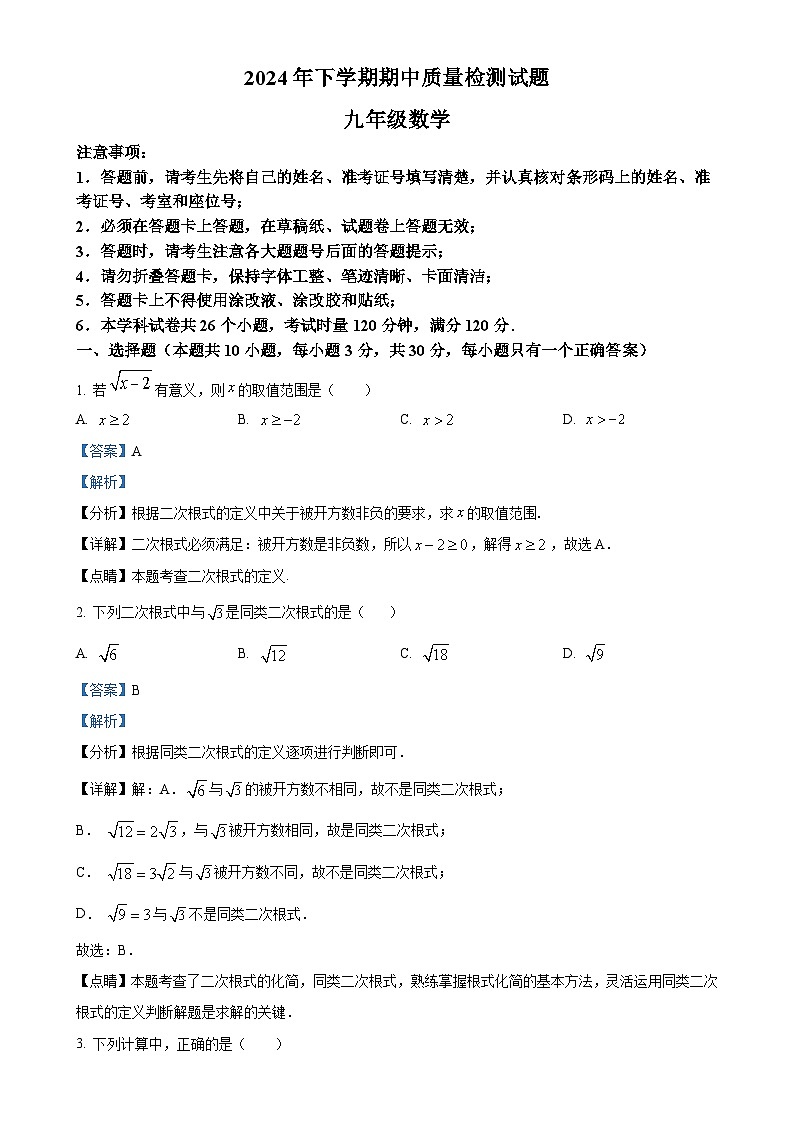 湖南省衡阳市蒸湘区联合考试2024-2025学年九年级上学期11月期中数学试题（解析版）-A4第1页