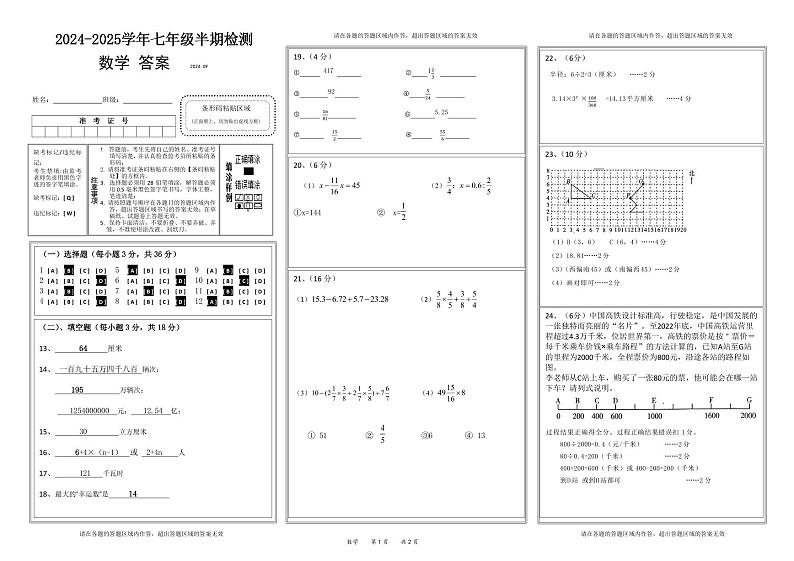 眉山天府新区2024-2025学年七年级半期检测数学答案第1页