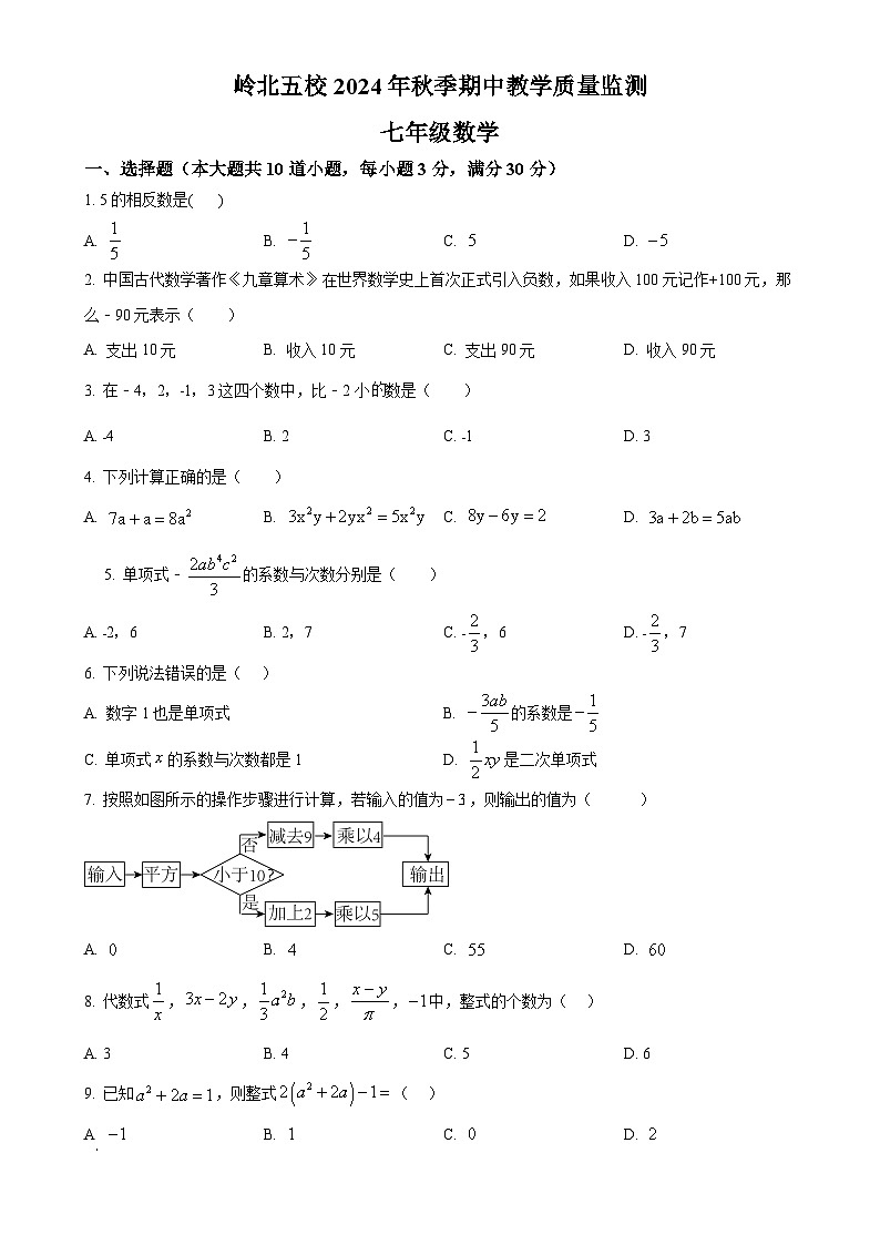 湖南省岳阳市湘阴县岭北五校联考2024-2025学年七年级上学期11月期中数学试题（原卷版）-A4第1页