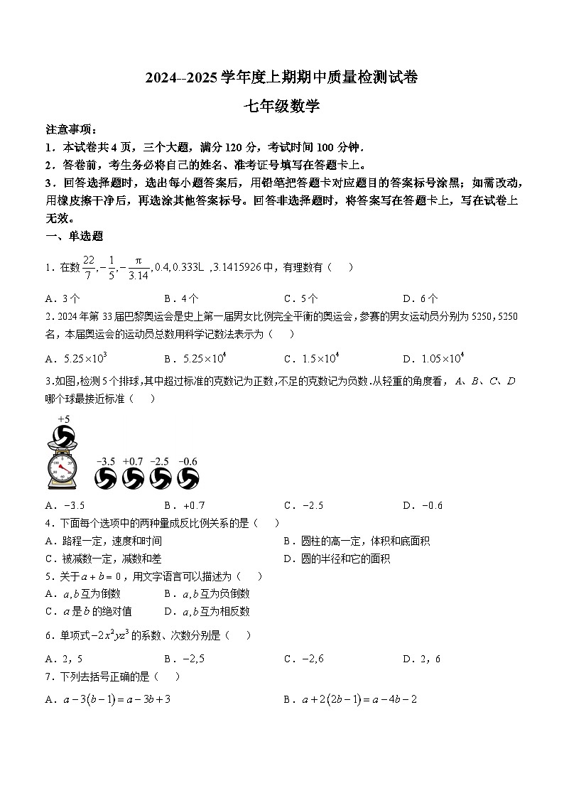 河南省信阳市新县2024-2025学年七年级上学期期中质量监测数学试卷第1页