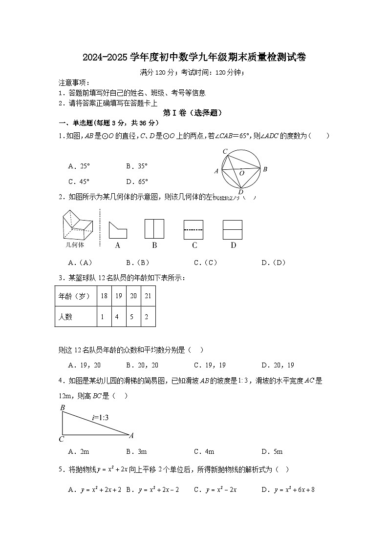 河北省秦皇岛经济技术开发区第四中学 2024-2025学年上学期数学九年级期末质量检测试卷第1页