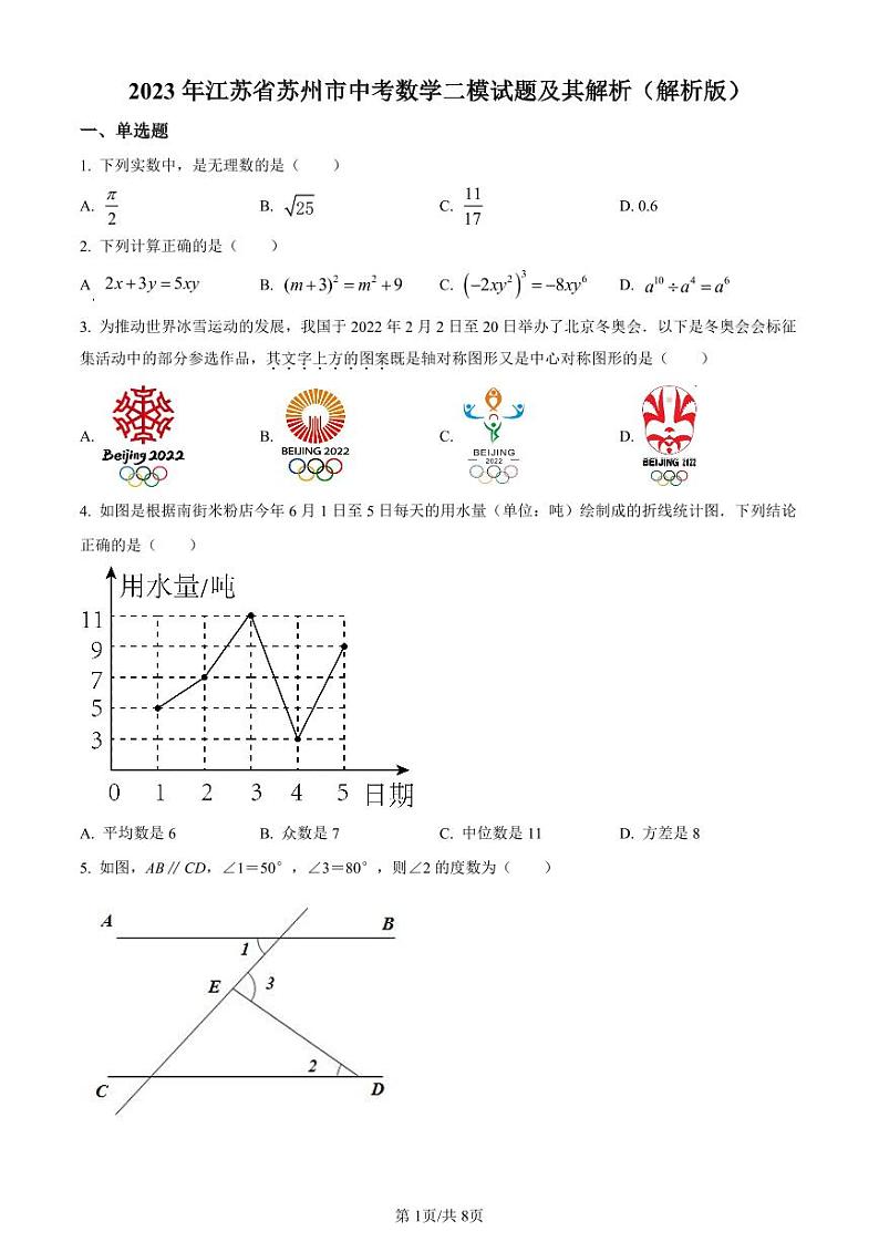 2023年江苏省苏州市中考数学二模试题（原卷版+解析版）第1页