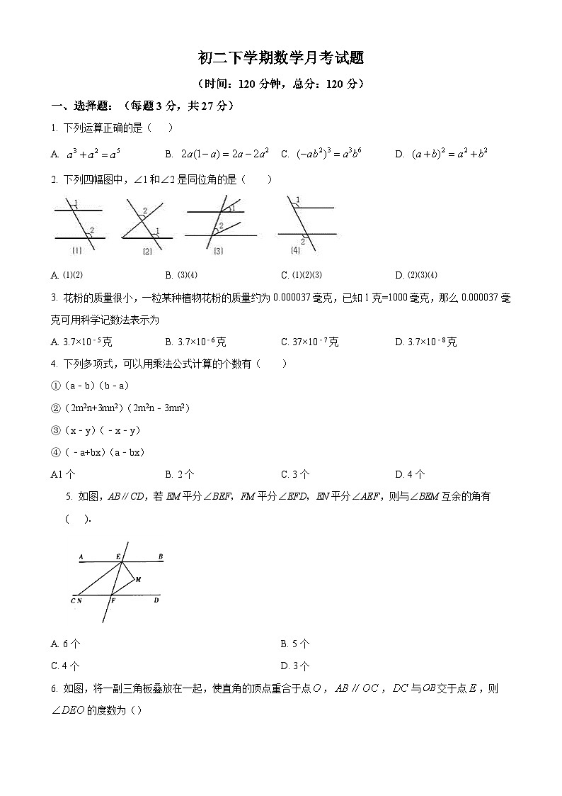 黑龙江省大庆市肇源县五校联考2023-2024学年七年级下学期月考数学试题（原卷版）第1页