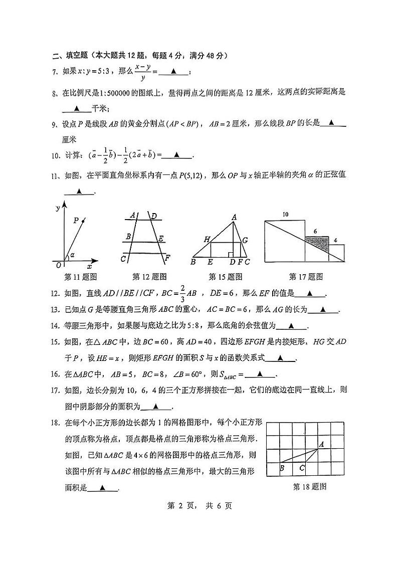 上海市浦东新区2024-2025学年九年级上学期期中考试数学试卷第2页