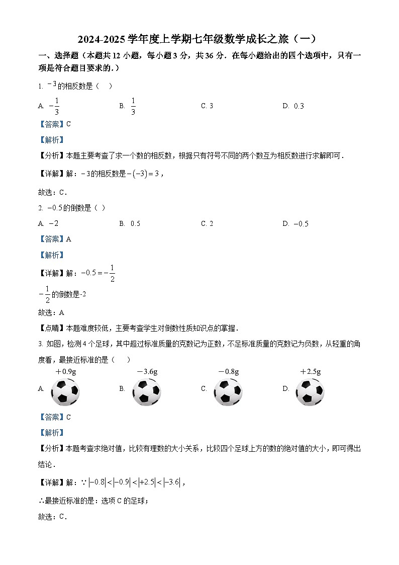 山东省日照市经济技术开发区中学2024-2025学年七年级上学期第一次月考数学试卷（解析版）-A4第1页