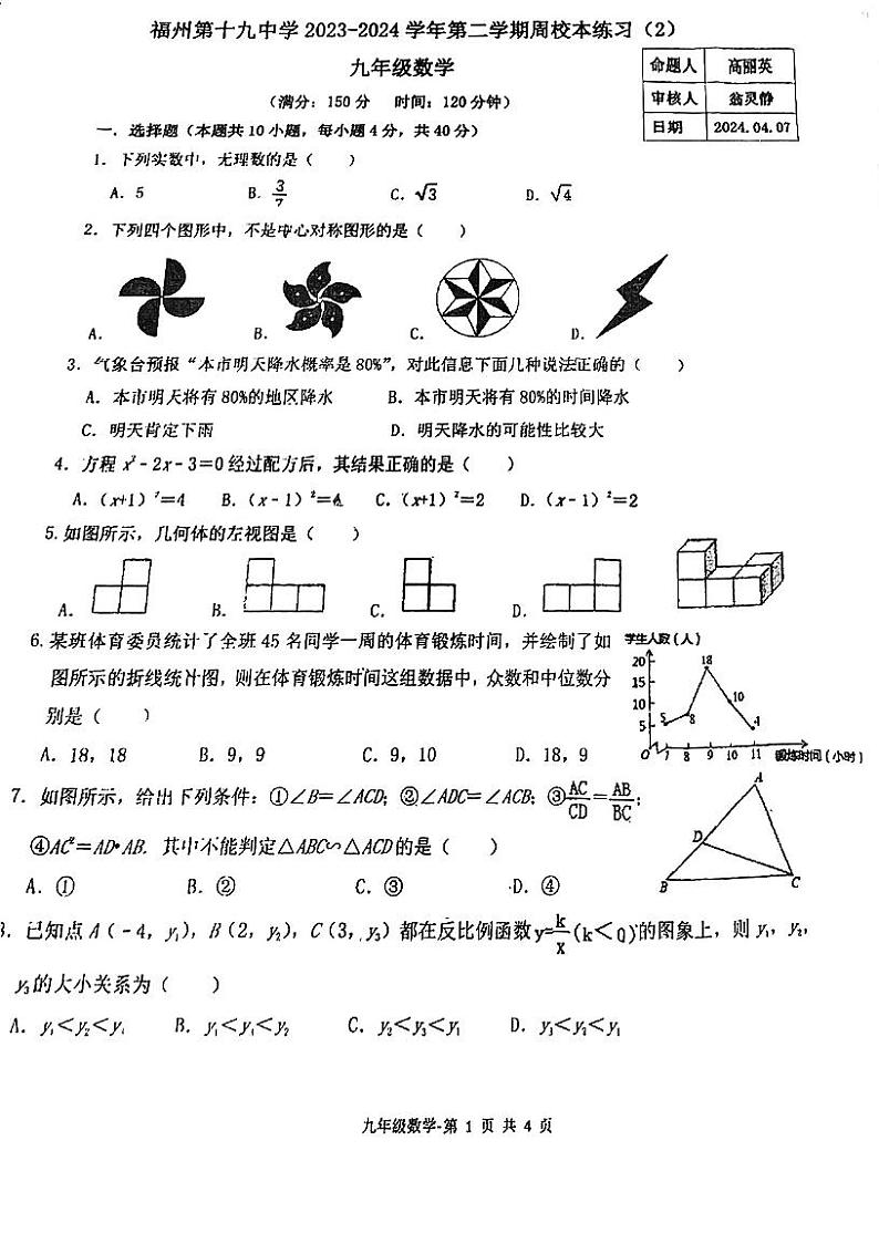 福建省福州市鼓楼区福建省福州第十九中学2023-2024学年九年级下学期中考模拟数学试卷第1页