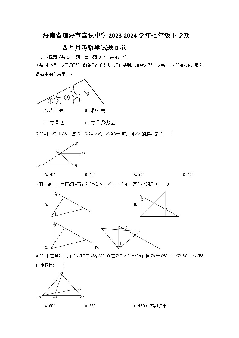 海南省琼海市嘉积中学2023-2024学年七年级下学期四月月考数学试题B卷第1页
