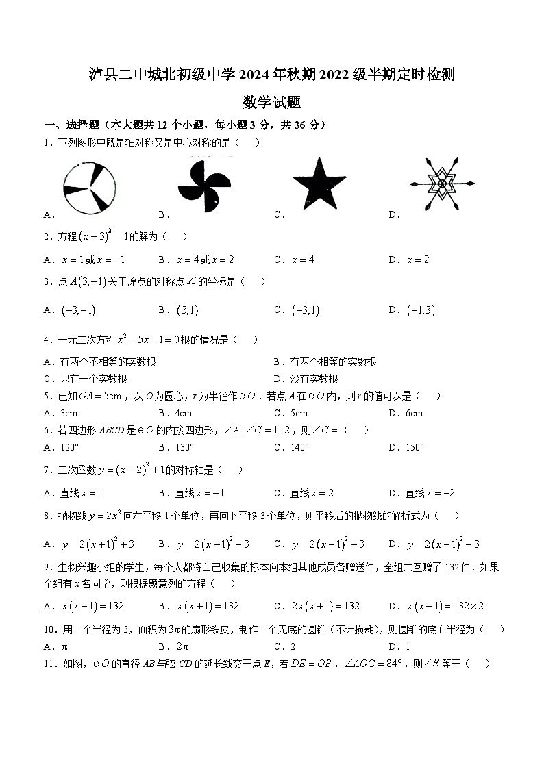 四川省泸州市泸县二中城北初级中学2024-2025学年上学期九年级期中 数学试题(无答案)第1页