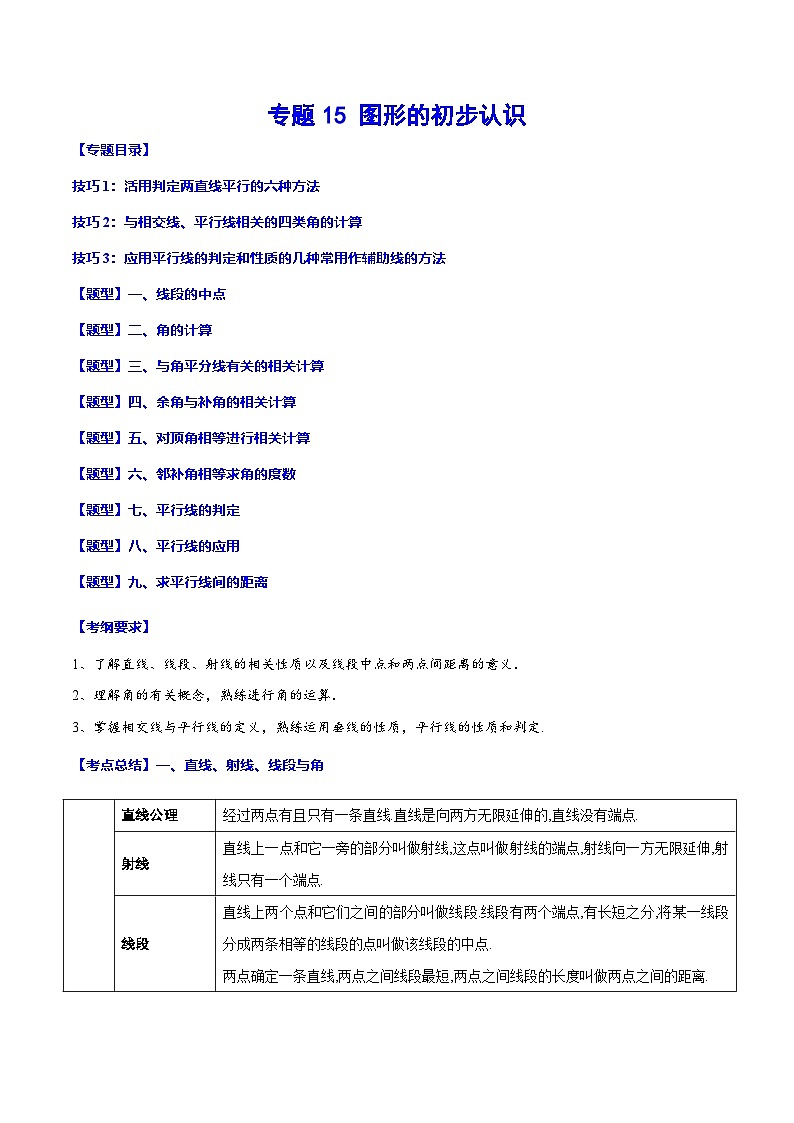 中考数学一轮复习考点题型归纳与分层练习专题15 图形的初步认识(原卷版) 第1页