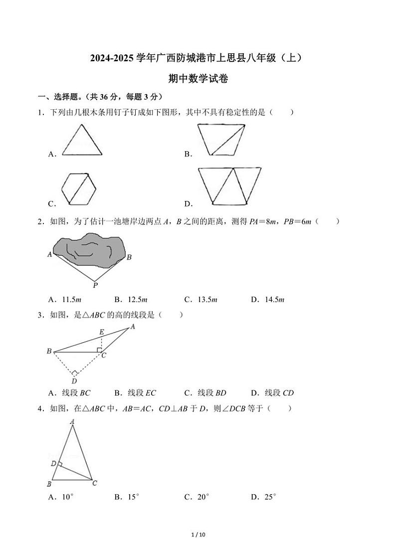 2024～2025学年广西防城港市上思县八年级(上)期中数学试卷(含答案)第1页