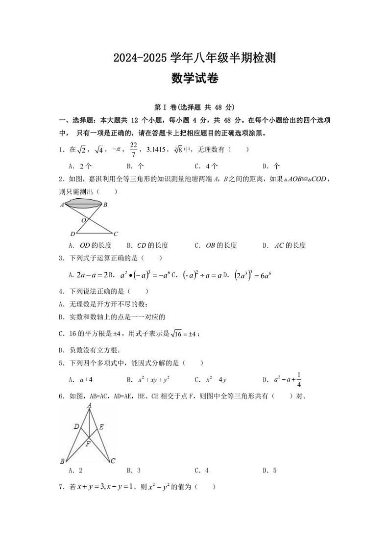 四川省眉山市仁寿县眉山天府新区2024～2025学年八年级(上)期中数学试卷(含答案)第1页