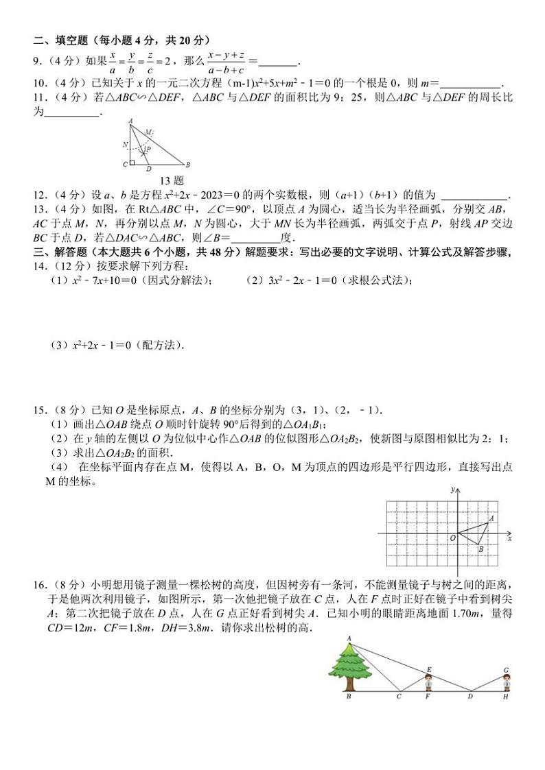 四川省雅安中学2024～2025学年九年级(上)期中教学质量评估数学试卷(含答案)第2页