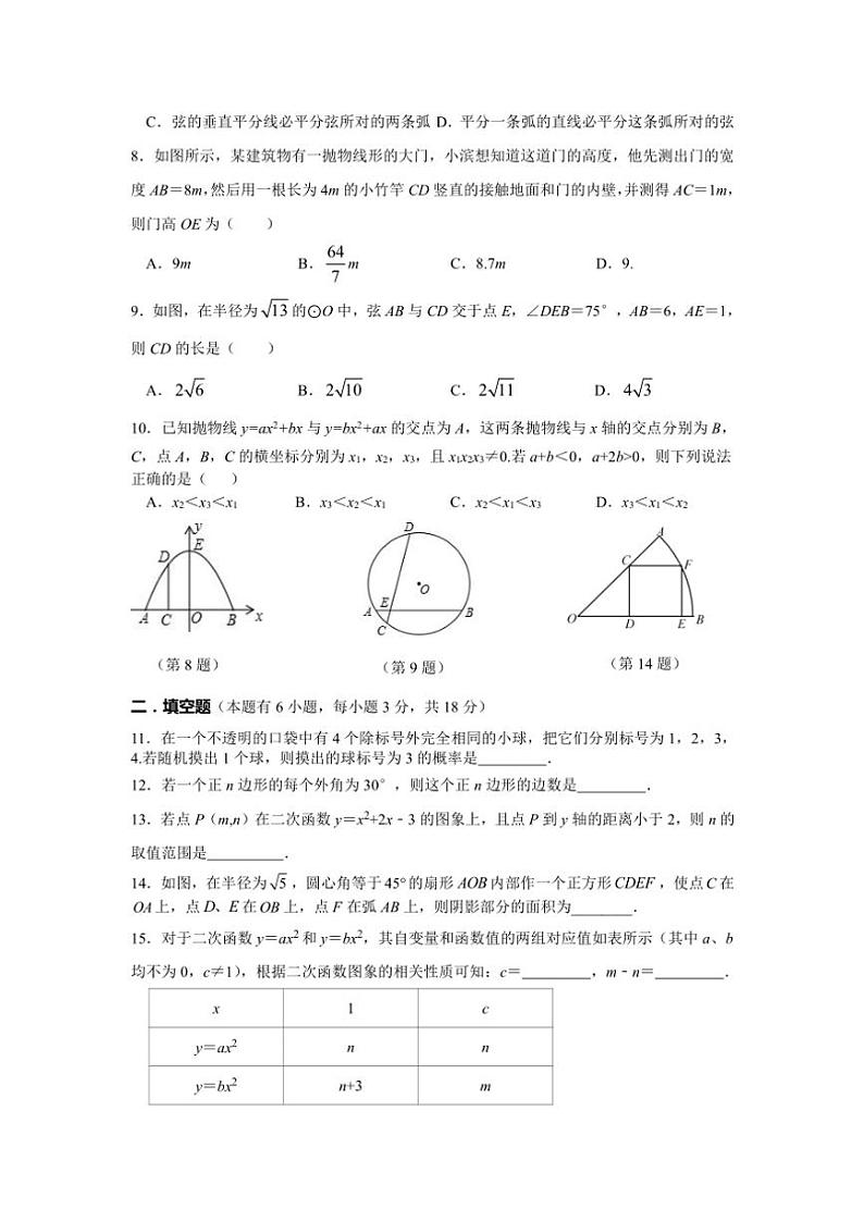 浙江省杭州滨和中学2024～2025学年九年级(上)期中教学质量检测数学试卷(含简略答案)第2页