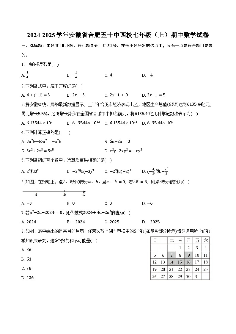 2024-2025学年安徽省合肥五十中西校七年级（上）期中数学试卷（含答案）第1页
