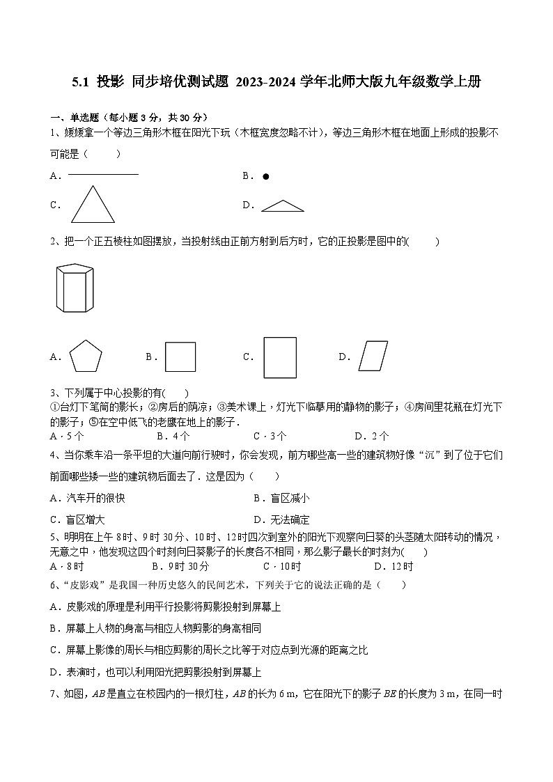 5.1 投影 同步培优测试题 北师大版九年级数学上册第1页