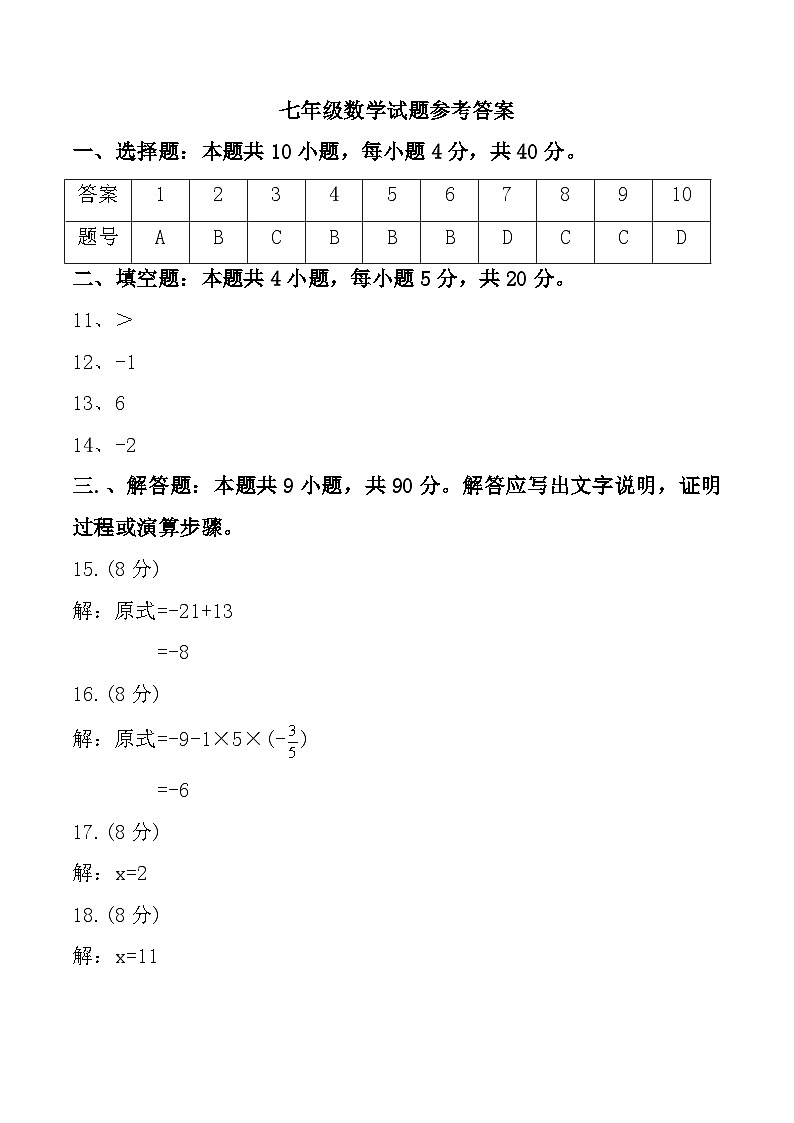 安徽省六安市清水河学校2024-2025学年七年级上学期11月期中数学试题参考答案第1页