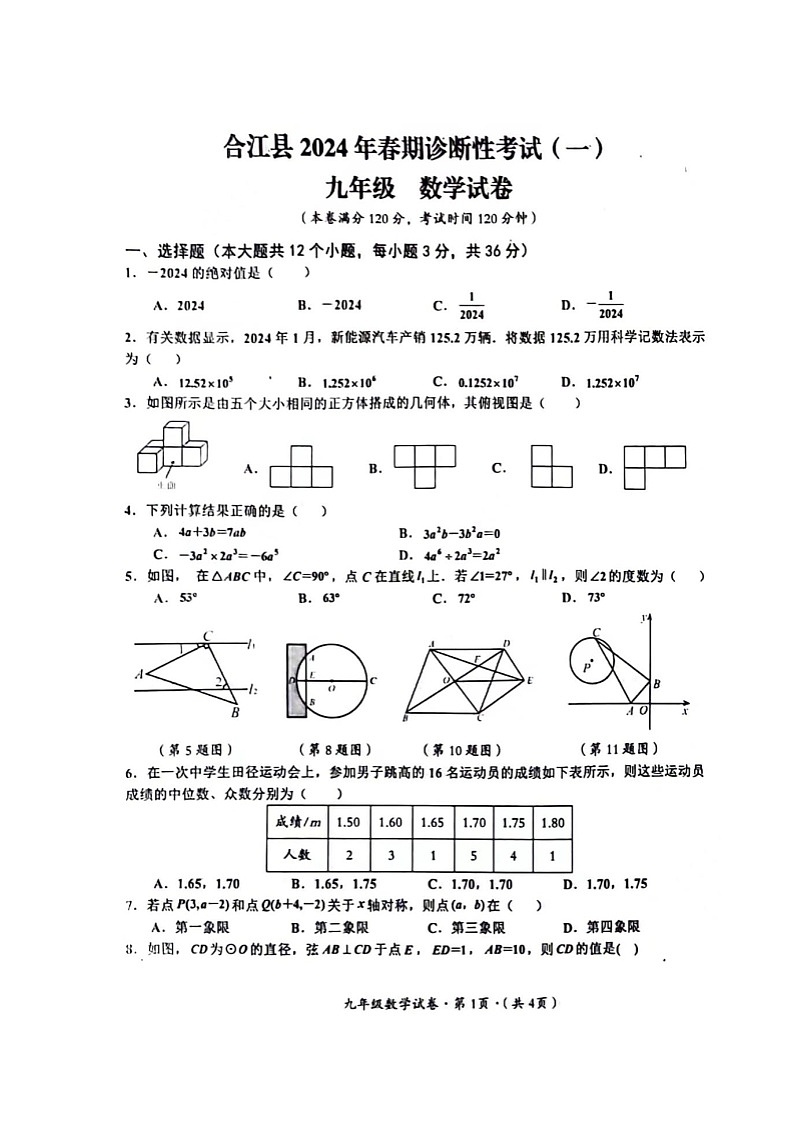 2024年四川省泸州市合江县中考一模数学试题第1页