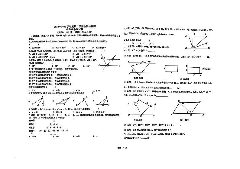 山东省青岛大学附属中学2023-2024学年七年级下学期期中考试数学试卷第1页