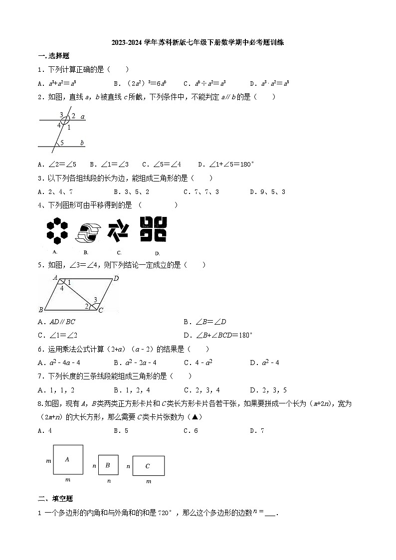 2023-2024学年苏科版七年级下册数学期中必考题训练第1页