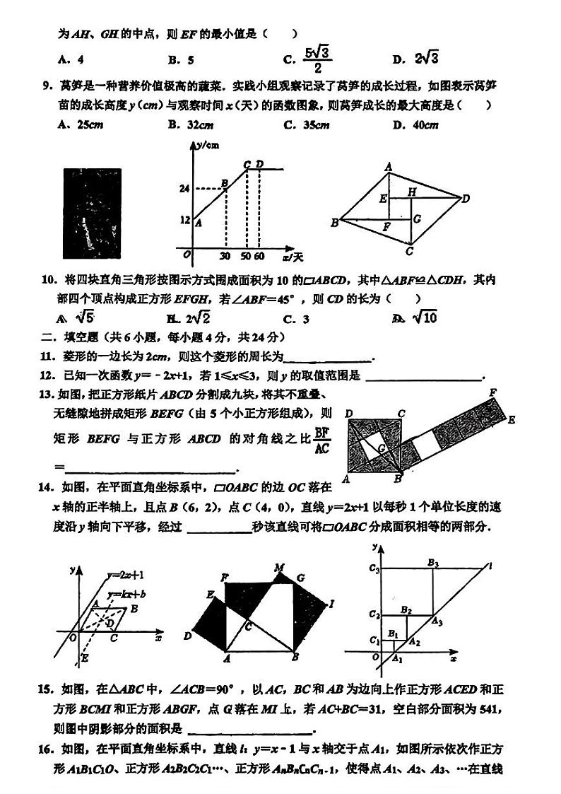 浙江省台州市玉环市城关第一初级中学　2023-2024学年下学期阶段性检测八年级下册数学试题第2页