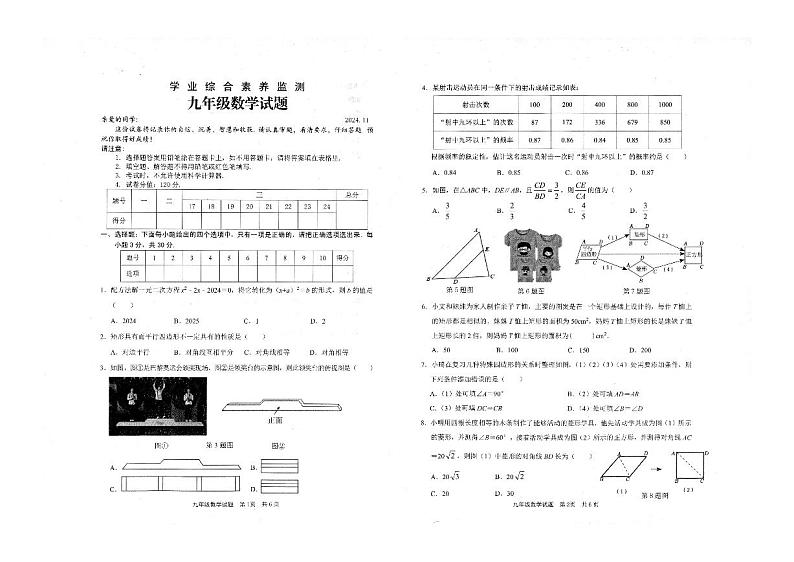 山东省枣庄市薛城区2024-2025学年九年级上学期期中考试数学试题第1页