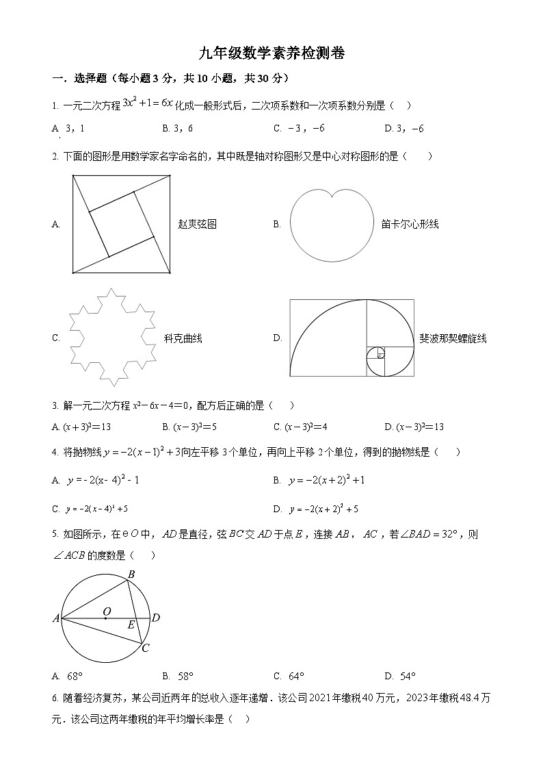 湖北省武汉市粮道街中学2024-2025学年九年级上学期11月期中考试数学试题（原卷版）-A4第1页