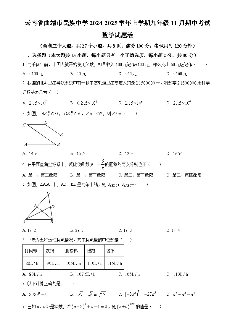 云南省曲靖市民族中学2024-2025学年上学期九年级11月期中考试数学试题卷（原卷版）-A4第1页